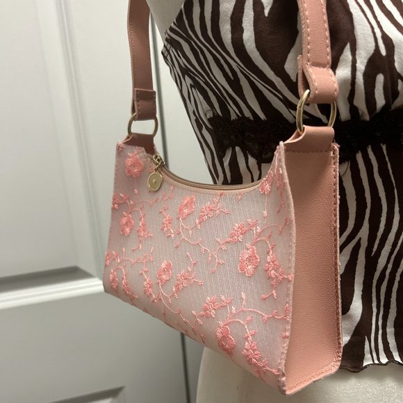 pink Floral Embroidered Baguette Bag - Picture 3 of 5